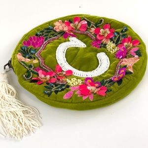 Anthropologie Beaded Embroidered Monogram Crest Pouch Letter C NWT